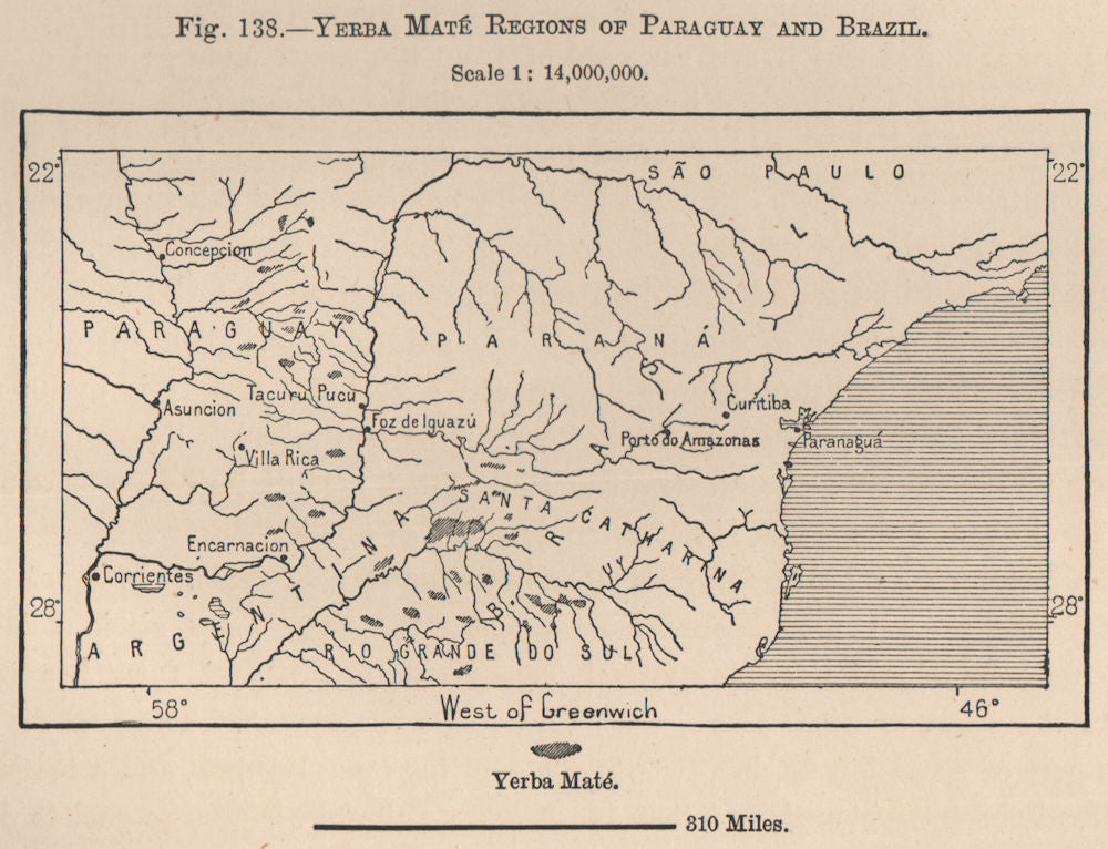 Yerba Maté regions of Paraguay and Brazil. South America 1885 old antique map